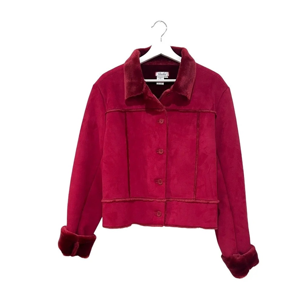 Blushe Women's Deep Red Faux Shearling Short Jacket Size 12-14